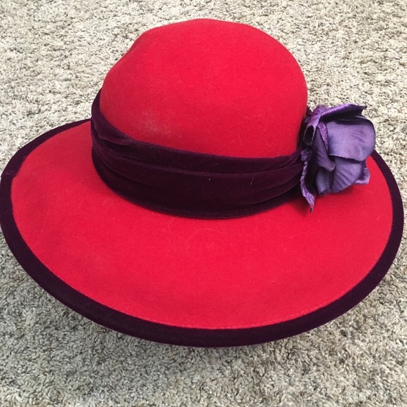 Scala Red Hat Society Wool Hat w/ Purple Flower